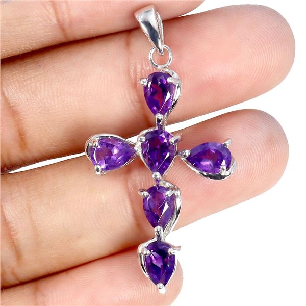6x4 Pear Cut Amethyst Cross Shaped Pendant in 14k White Gold Plated 925 Sterling Silver - Appraised 