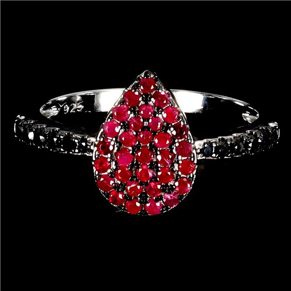 Exceptional Diamond Cut Myanmar (Burma) Ruby and Black Spinel Ring in 14k White Gold Plated 925 Ster