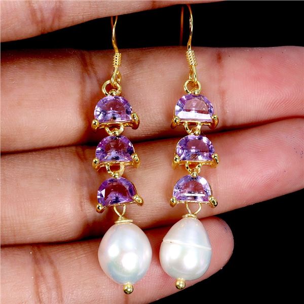 Fancy 6x4 mm Pearl and Amethyst Earrings in 14k Yellow Gold Plated 925 Sterling Silver - Appraised R
