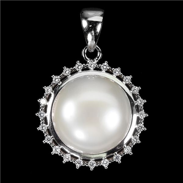 Big 12mm Natural Pearl Pendant in 14k White Gold Plated 925 Sterling Silver