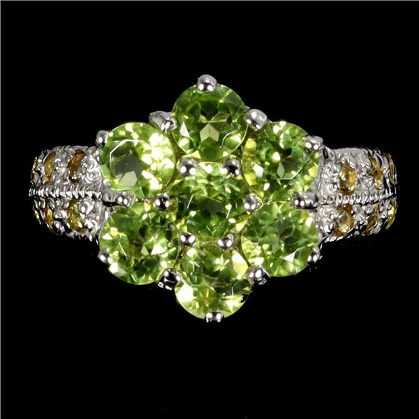 Peridot and Yellow Sapphire Ring in 14k White Gold Plated 925 Sterling Silver - Size 7 - Appraised R