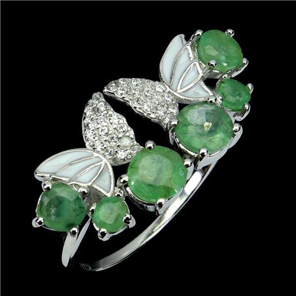 Emerald and CZ Ring in 14k White Gold Plated 925 Sterling Silver - Size 9 - Appraised Replacement Va