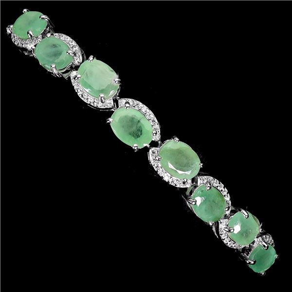 High Value 7x5 mm Emerald and CZ Bracelet in 14k White Gold Plated 925 Sterling Silver - 8 inches lo
