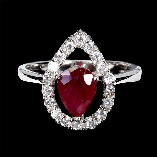Big 8x6 mm Pear Cut Ruby Ring in 14k White Gold Plated 925 Sterling Silver - Size 7 - Appraised Repl