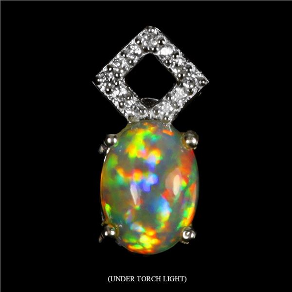 8x6 mm AAA Full Play Of Colour Crystal Opal Pendant and CZ in 14k White Gold Plated 925 Sterling Sil
