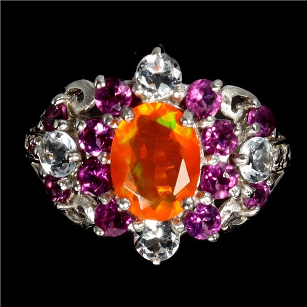 Big 8x6 mm Fire Orange Opal, Aquamarine and Rhodolite Garnet Ring in 14k White Gold Plated 925 Sterl