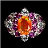 Image 1 : Big 8x6 mm Fire Orange Opal, Aquamarine and Rhodolite Garnet Ring in 14k White Gold Plated 925 Sterl