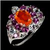 Image 2 : Big 8x6 mm Fire Orange Opal, Aquamarine and Rhodolite Garnet Ring in 14k White Gold Plated 925 Sterl