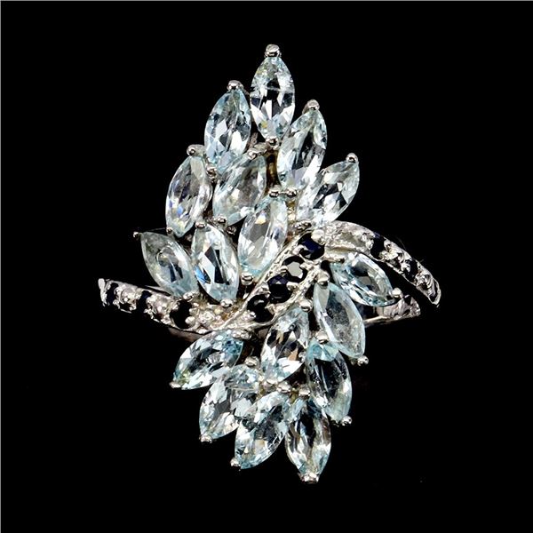 Superb Marquise Cut Sky Blue Topaz and SapphireRing in 14k White Gold Plated 925 Sterling Silver - S