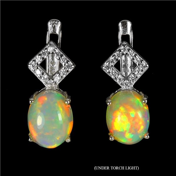 8x6 mm Crystal Opal Earrings in 14k White Gold Plated 925 Sterling Silver - Appraised Replacement Va