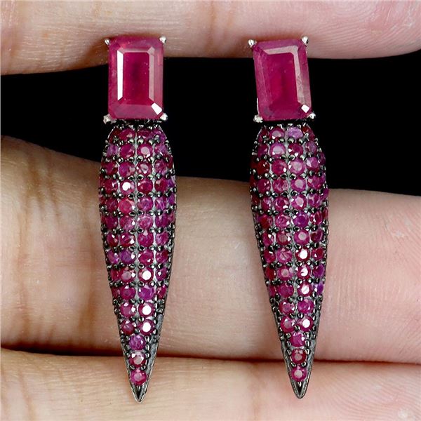 6x4 mm Octagon Cut and Diamond Cut Ruby Earrings in 2-Tone Black Rhodium and 14k White Gold Plated 9