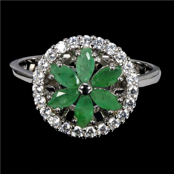 Marquise Cut Emerald and CZ Ring in 14k White Gold Plated 925 Sterling Silver - Size 8 - Appraised R