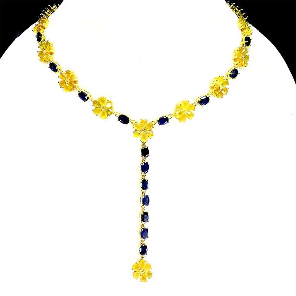 Extremely Valuable Blue and Yellow Sapphire Necklace in 14k Yellow Gold Plated 925 Sterling Silver -