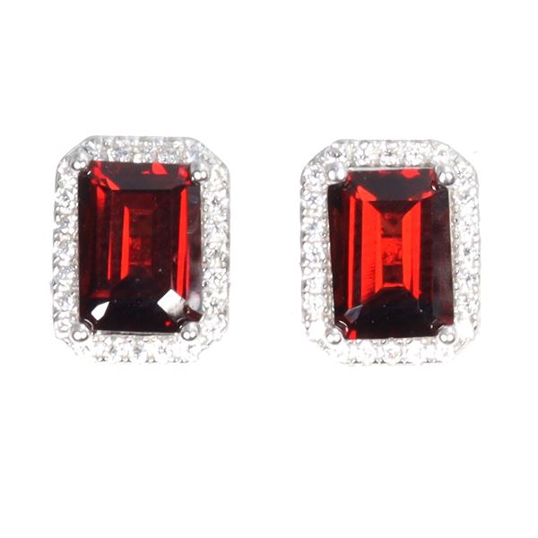 7x5 mm Octagon Cut Mozambique Garnet and Moissanite Earrings in 14k White Gold Plated 925 Sterling S