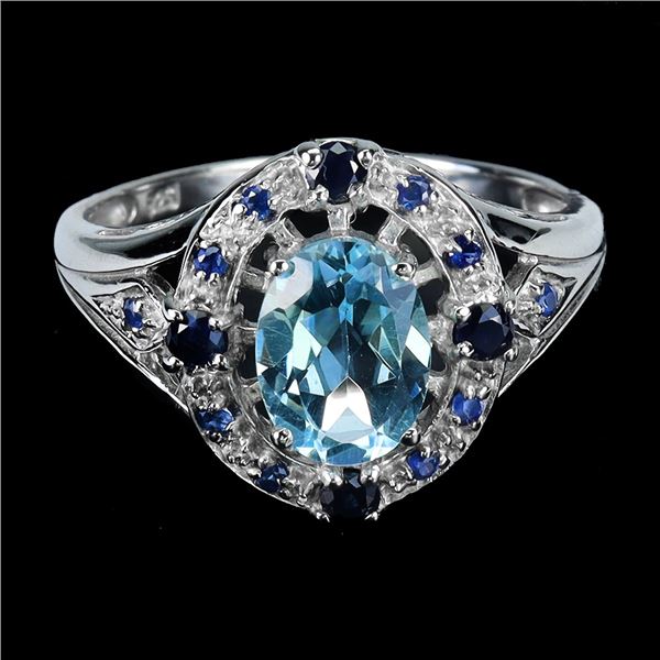 Big 8x6 mm Oval Cut Sky Blue Topaz and Blue Sapphire Ring in 14k White Gold Plated 925 Sterling Silv