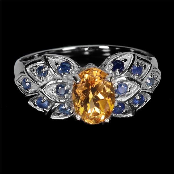 8x6 mm Oval Cut Citrine and Blue Sapphire Ring in 14k White Gold Plated 925 Sterling Silver - Size 9