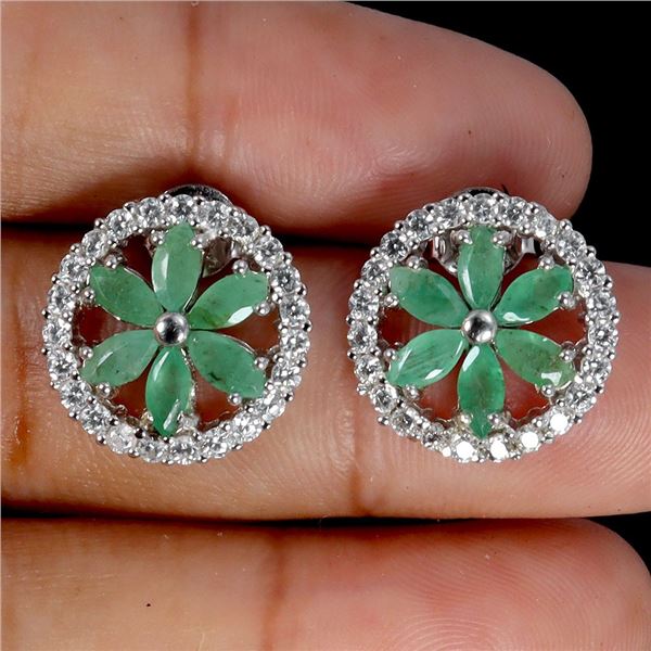 Marquise Cut Emerald and CZ Earrings in 14k White Gold Plated 925 Sterling Silver - Appraised Replac