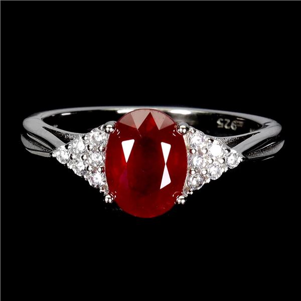 Big 8x6 Oval Cut Ruby and CZ Ring in 14k White Gold Plated 925 Sterling Silver - Size 8 - Appraised 