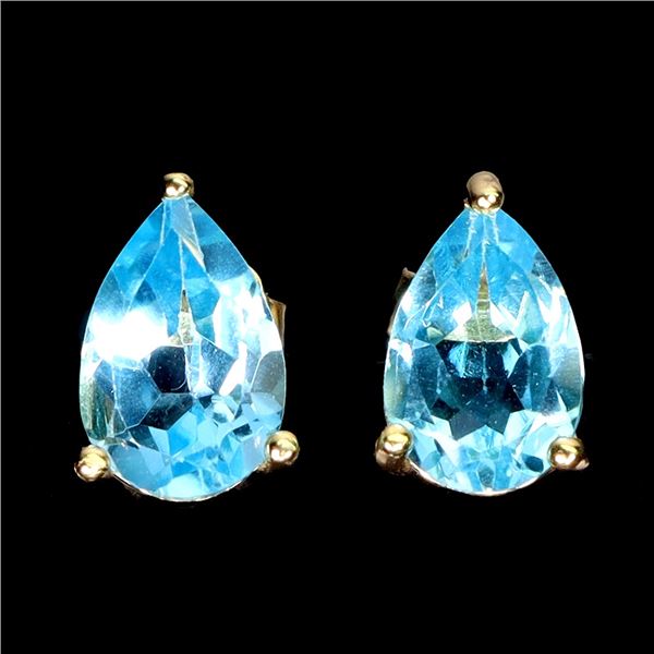 Big 9x6 mm Pear Cut Swiss Blue Topaz Earrings in 14k Yellow Gold Plated 925 Sterling Silver - Apprai
