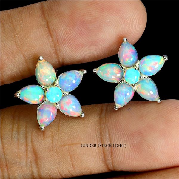 7x5 mm Crystal Opal Earrings AAA Full Play of Color in 14k White Gold Plated 925 Sterling Silver - A
