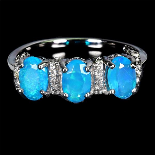 6x4 mm Oval Cut Blue Fire Opal and White Sapphire Ring in 14k White Gold Plated 925 Sterling Silver 