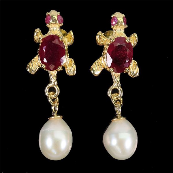 7x5 mm Natural Pearl and Oval Cut Ruby Earrings in 14k Yellow Gold Plated 925 Sterling Silver - Appr