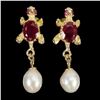 Image 1 : 7x5 mm Natural Pearl and Oval Cut Ruby Earrings in 14k Yellow Gold Plated 925 Sterling Silver - Appr