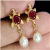 Image 2 : 7x5 mm Natural Pearl and Oval Cut Ruby Earrings in 14k Yellow Gold Plated 925 Sterling Silver - Appr