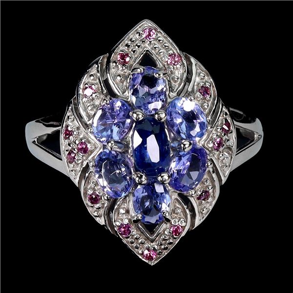 Violet/Blue Kyanite, Tanzanite and Rhodolite Garnet Ring in 14k White Gold Plated 925 Sterling Silve