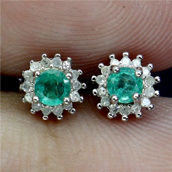 High Clarity Round Cut Emerald and Natural Diamonds 28 pcs. Earrings in 14k White Gold Plated 925 St