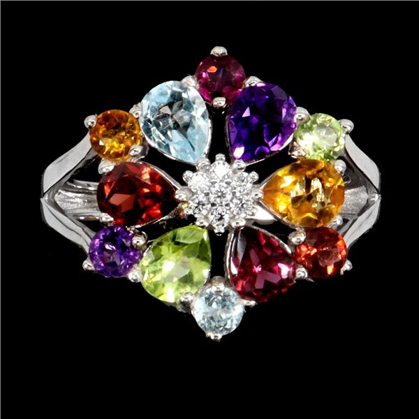 Citrine, Amethyst, Mozambique Garnet, Peridot, Rhodolite Garnet, CZ and Sky Blue Topaz Ring in 14k W