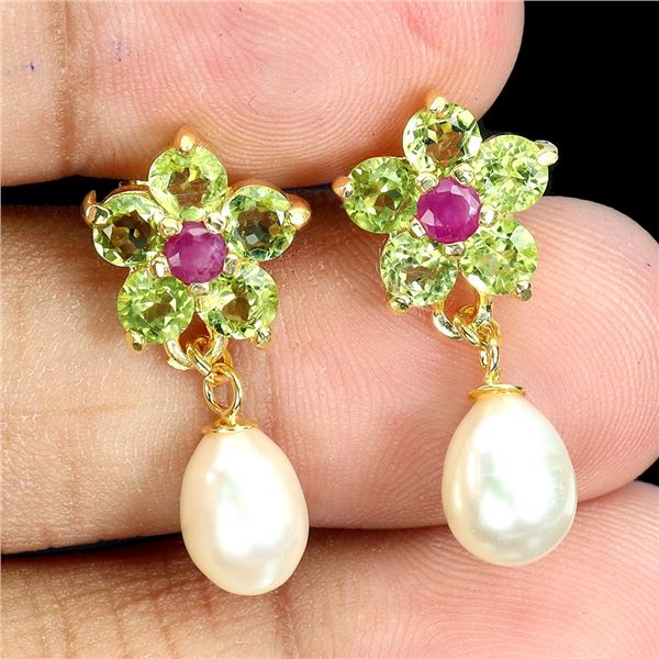 Pearl, Ruby and Peridot Earrings in 14k Yellow Gold Plated 925 Sterling Silver - Appraised Replaceme
