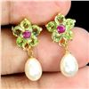 Image 1 : Pearl, Ruby and Peridot Earrings in 14k Yellow Gold Plated 925 Sterling Silver - Appraised Replaceme