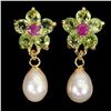 Image 2 : Pearl, Ruby and Peridot Earrings in 14k Yellow Gold Plated 925 Sterling Silver - Appraised Replaceme
