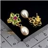 Image 3 : Pearl, Ruby and Peridot Earrings in 14k Yellow Gold Plated 925 Sterling Silver - Appraised Replaceme
