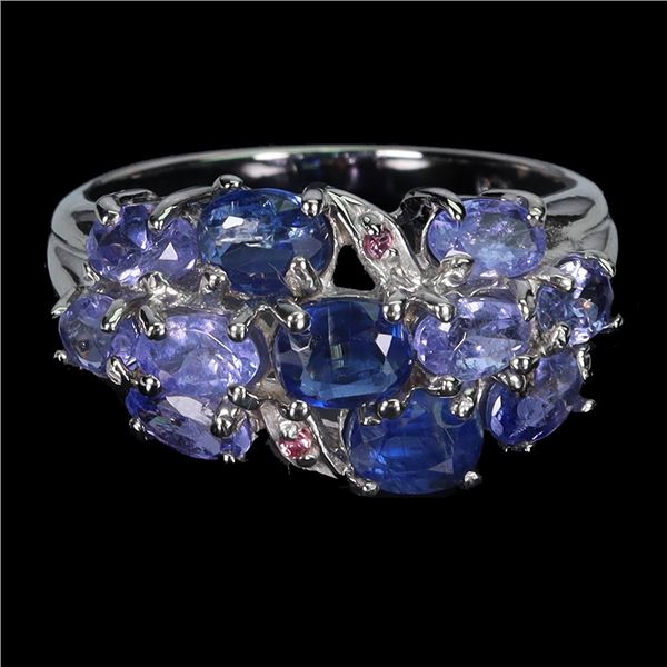 Tanzante, Kyanite and Rhodolite Garnet Ring in 14k White Gold Plated 925 Sterling Silver - Size 8 - 