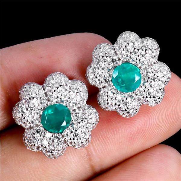 Round Cut Green opal and CZ Earrings in 14k White Gold Plated 925 Sterling Silver - Appraised Replac