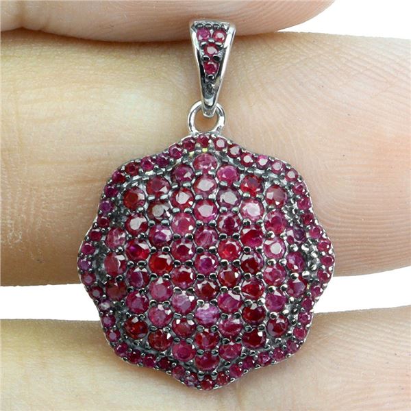 Round Diamond Cut Myanmar (Burma) Ruby Pendant in 2-Tone Black Rhodium and 14k White Gold Plated 925
