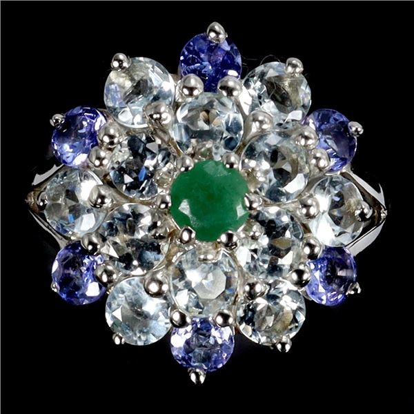 Emerald, Aquamarine and Tanzanite Ring in 14k White Gold Plated 925 Sterling Silver - Size 8 - Appra