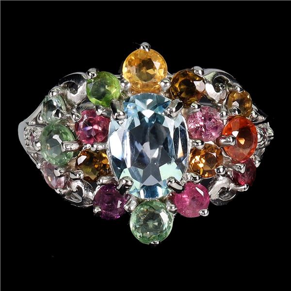 Big 8x6 mm Sky Blue Topaz, Tourmal;ine and Rhodolite Garnet Ring in 14k White Gold Plated 925 Sterli