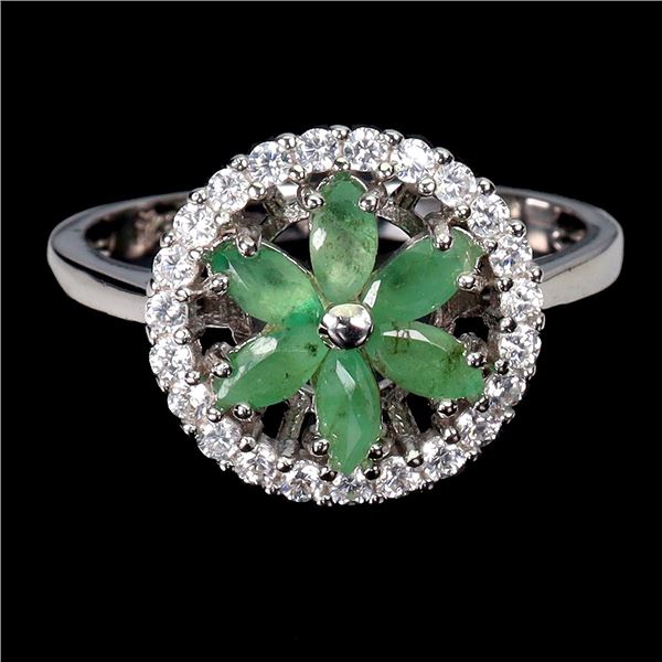 Marquise Cut Emerald and CZ Ring in 14k White Gold Plated 925 Sterling Silver - Size 8.5 - Appraised
