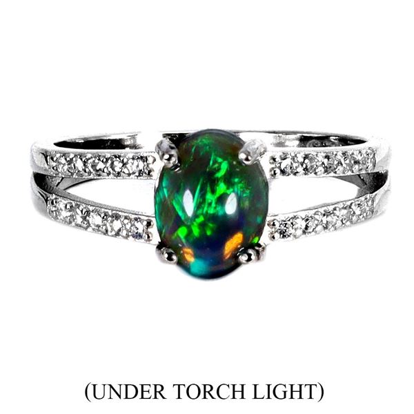 Big 8x6 mm Oval Cabochon Black Opal and CZ Ring in 14k White Gold Plated 925 Sterling Silver - Size 
