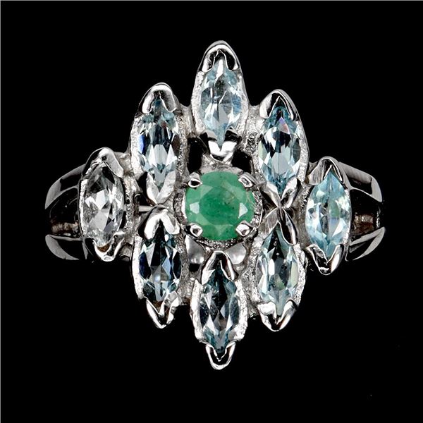 Emerald and Sky Blue Topaz Ring in 14k White Gold Plated 925 Sterling Silver - Size 7 - Appraised Re