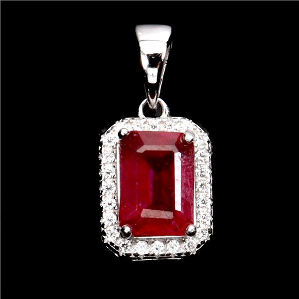 7x5 mm Ruby and Moissanite Pendant in 14k White Gold Plated 925 Sterling Silver - Appraised Replacem