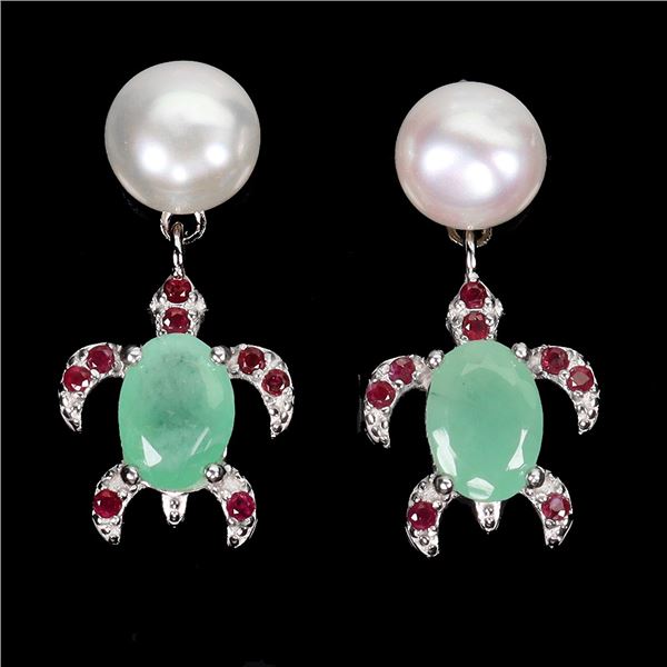 7x5 mm Emerald, Pearl and Ruby Turtle Shaped earrings in 14k White Gold Plated 925 Sterling Silver -