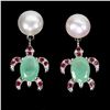Image 1 : 7x5 mm Emerald, Pearl and Ruby Turtle Shaped earrings in 14k White Gold Plated 925 Sterling Silver -