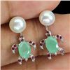 Image 2 : 7x5 mm Emerald, Pearl and Ruby Turtle Shaped earrings in 14k White Gold Plated 925 Sterling Silver -