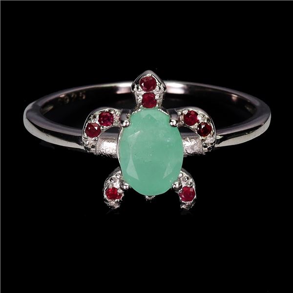 7x5 mm Oval Cut Emerald and Ruby Ring in 14k White Gold Plated 925 Sterling Silver - Size 7 - Apprai