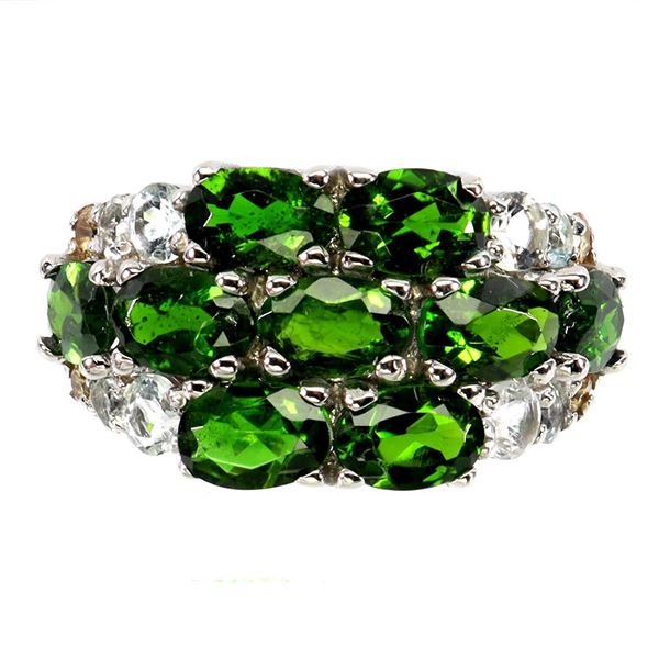Superb Vivid Green Chrome Diopside, Sapphire and Aquamarine Ring in 14k White Gold Plated 925 Sterli