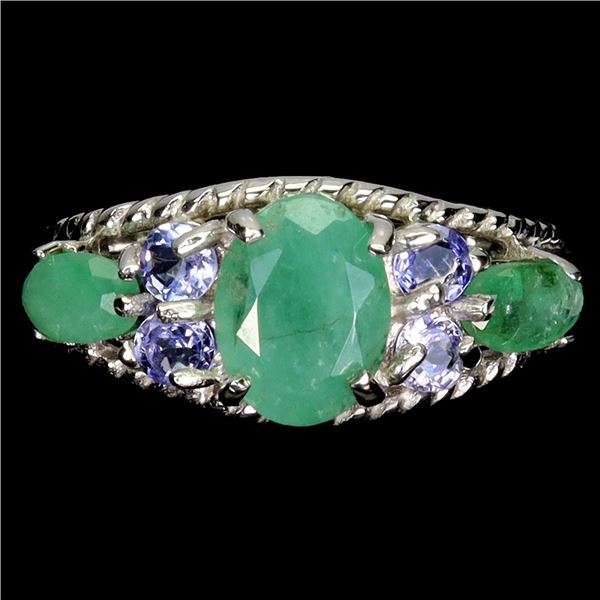 Big 8x6 mm Emerald and Tanzanite Ring in 14k White Gold Plated 925 Sterling Silver - Size 7 - Apprai